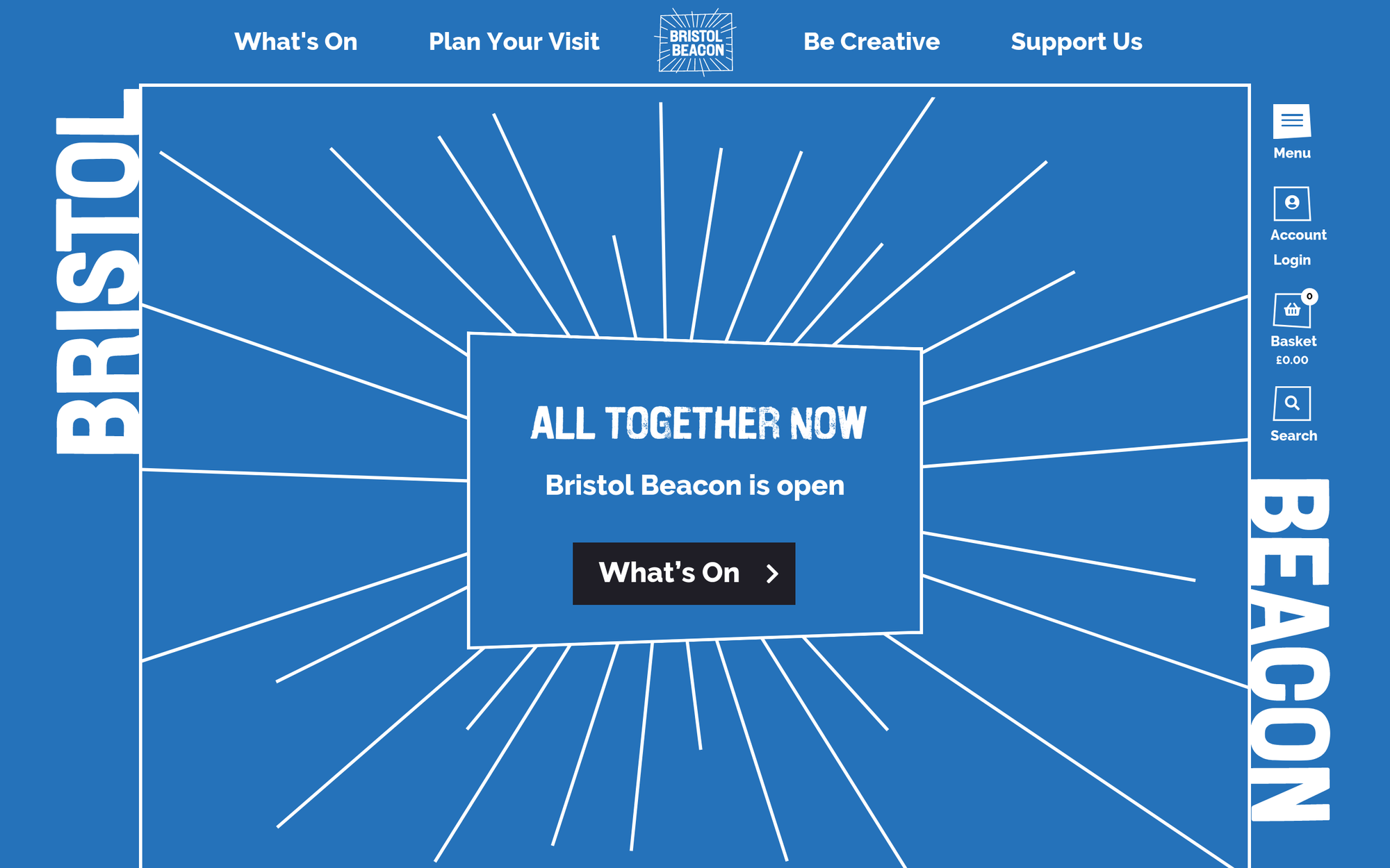 White lines burst out from a light blue background surrounding the text 'All together now - The Bristol Beacon is open'