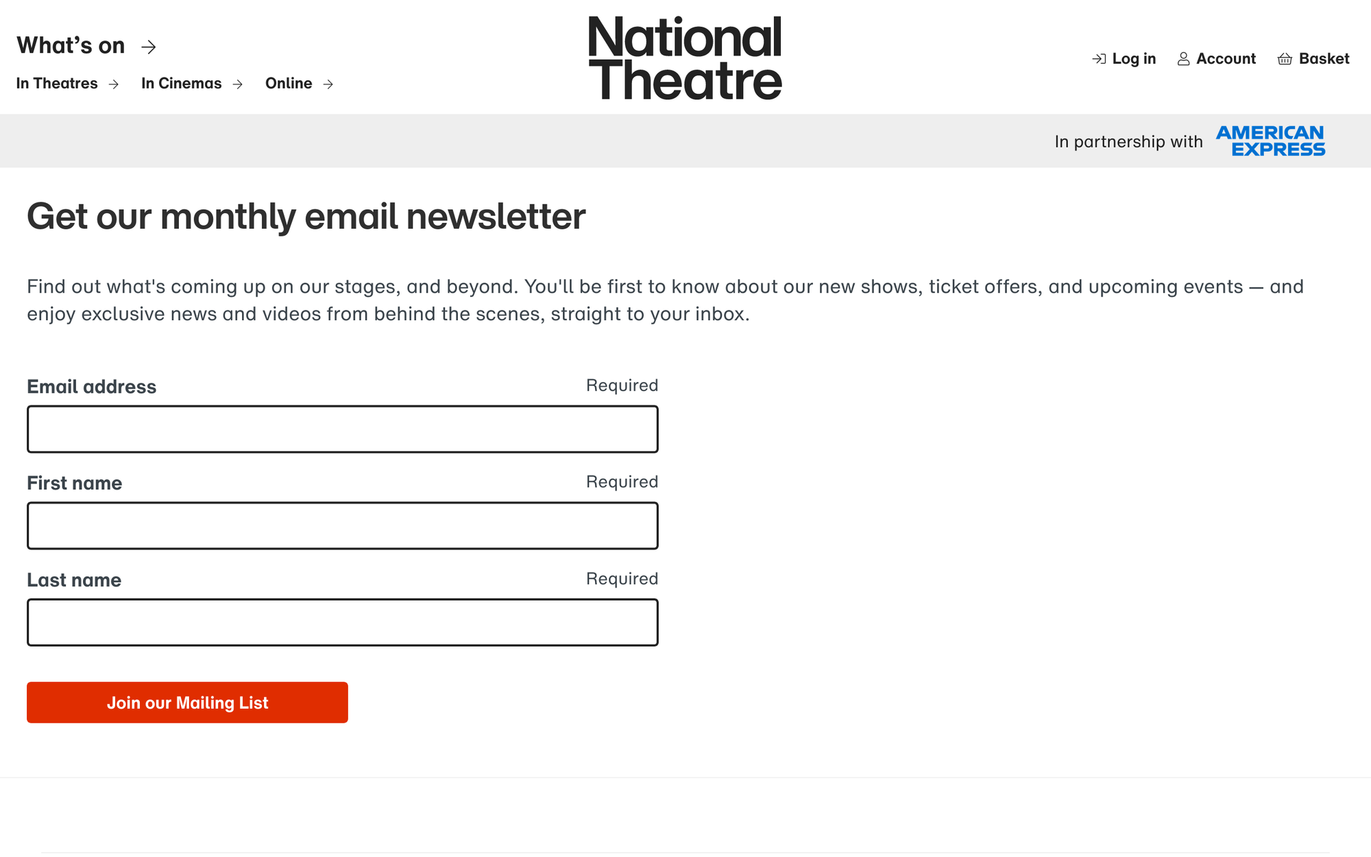 A newsletter sign-up form on the National Theatre's website