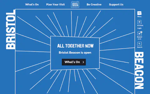 White lines burst out from a light blue background surrounding the text ‘All together now - The Bristol Beacon is open’