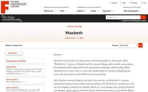 A website screenshot showing the synopsis for Macbeth with various navigation options