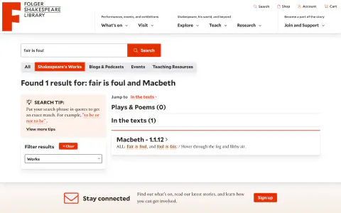 A website screenshot showing a search for text within Macbeth