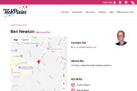 A screenshot of my portfolio on the website, showing my name, location, skills, and courses